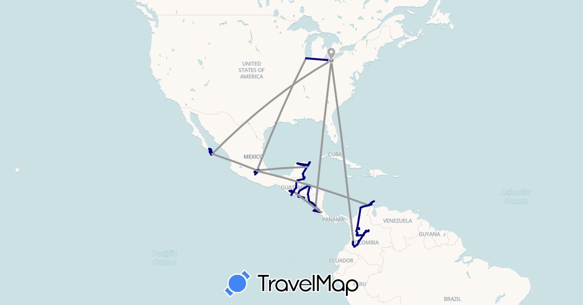 TravelMap itinerary: driving, plane in Belize, Colombia, Costa Rica, Guatemala, Honduras, Mexico, Nicaragua, El Salvador, United States (North America, South America)