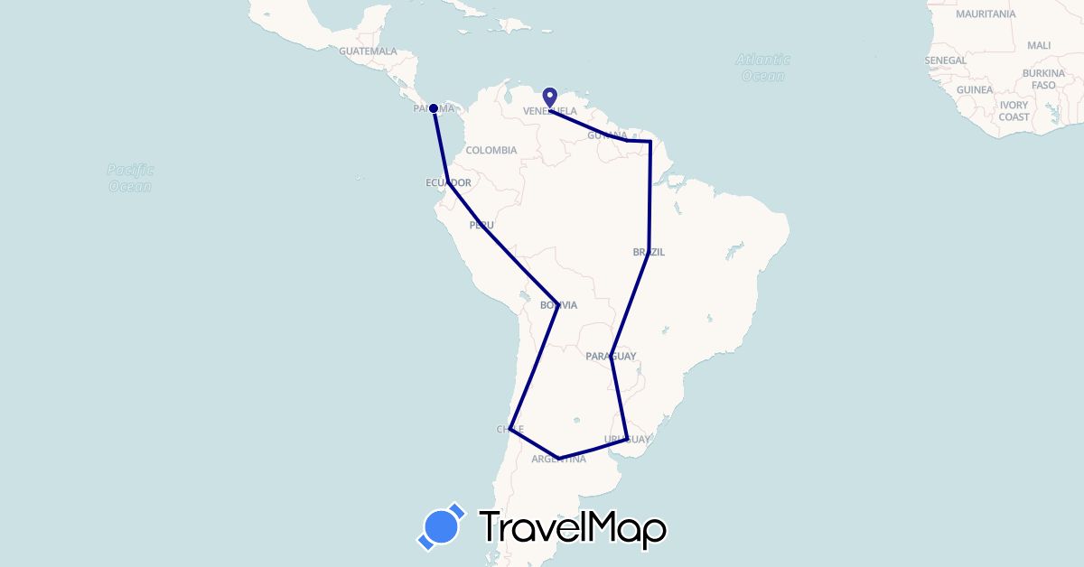 TravelMap itinerary: driving in Argentina, Bolivia, Brazil, Chile, Ecuador, France, Guyana, Panama, Peru, Paraguay, Suriname, Uruguay, Venezuela (Europe, North America, South America)